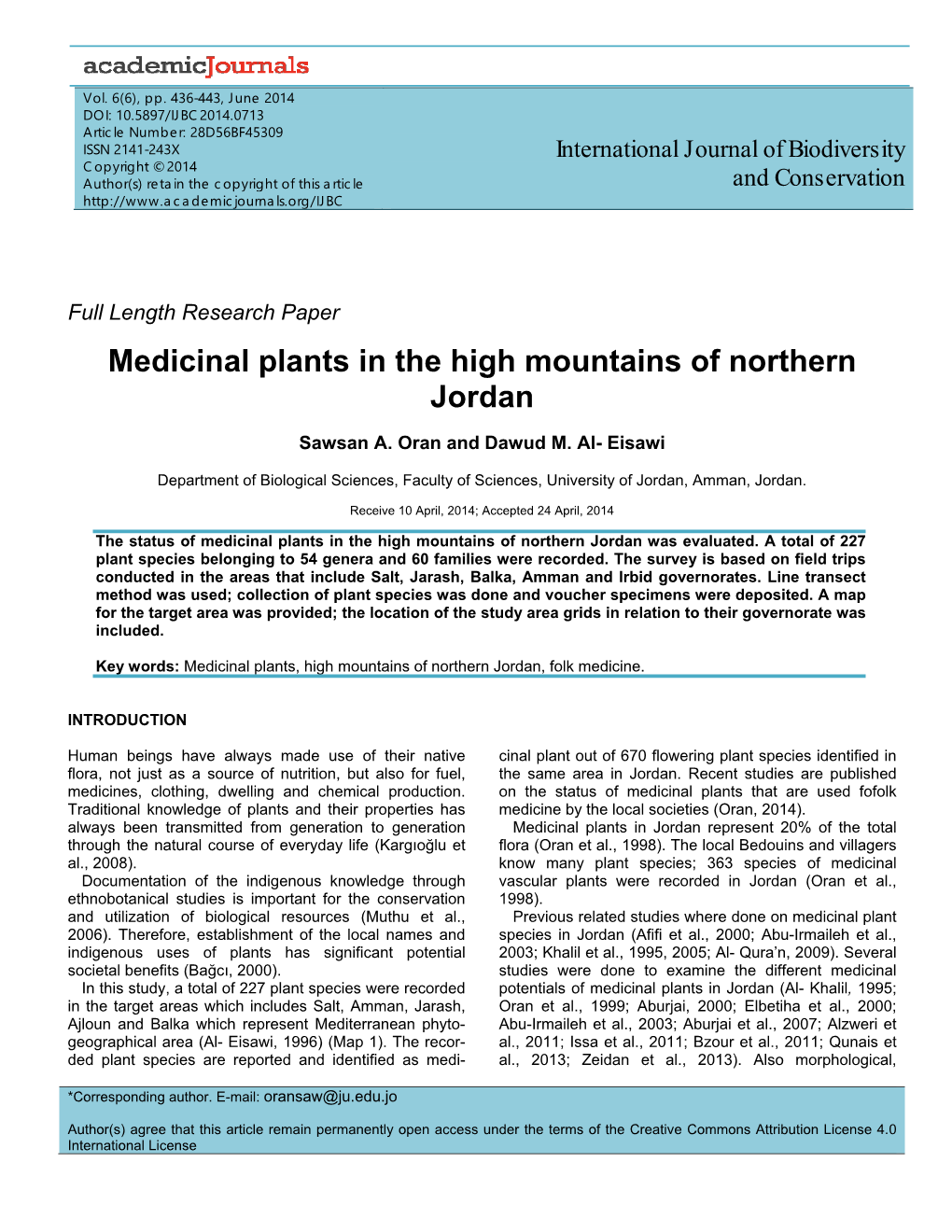 Medicinal Plants in the High Mountains of Northern Jordan