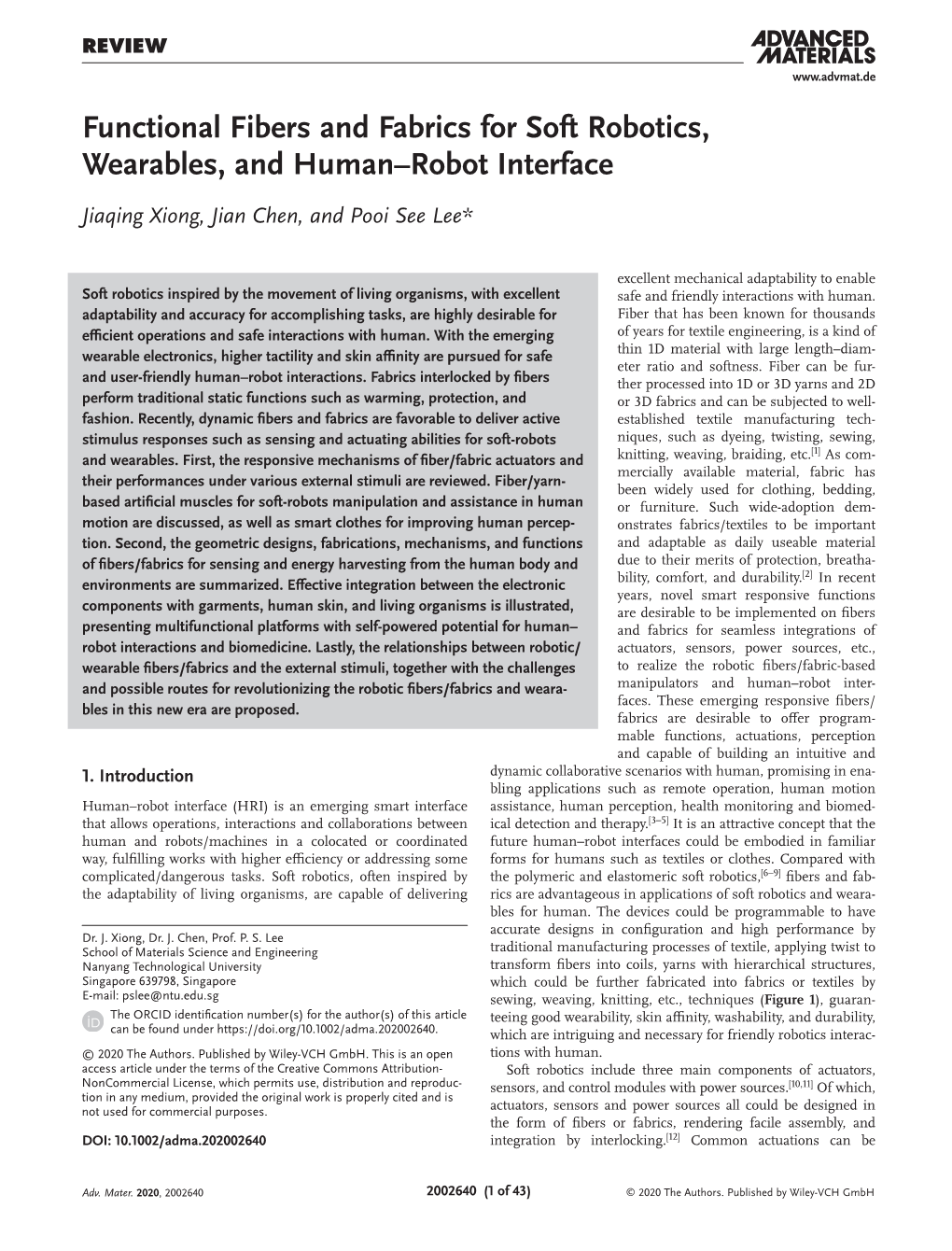 Functional Fibers and Fabrics for Soft Robotics, Wearables, and Human–