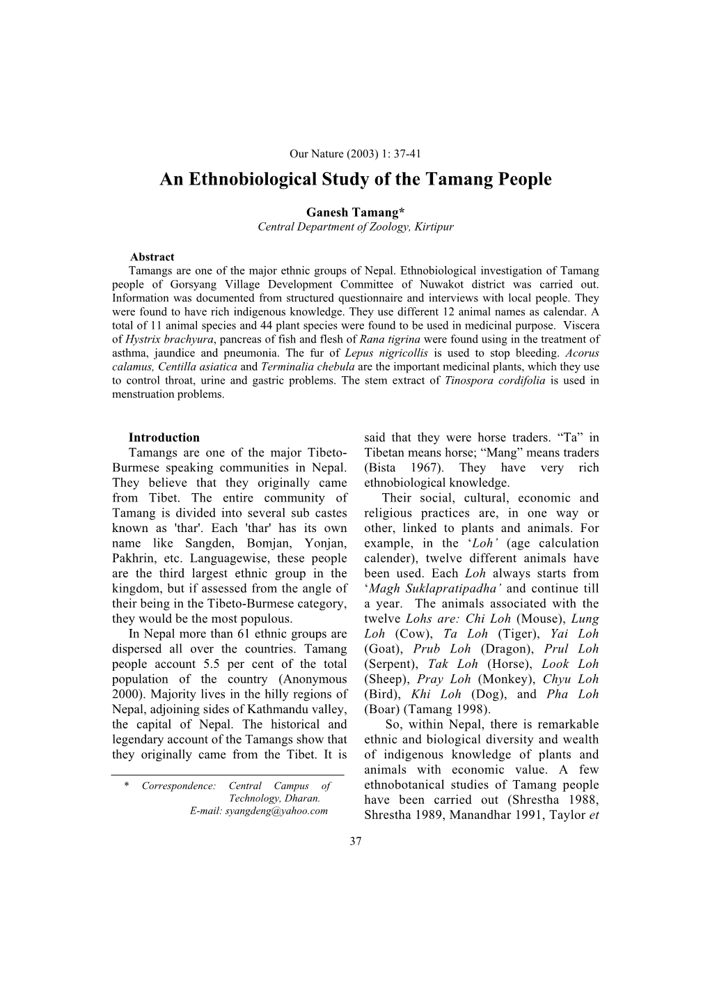 An Ethnobiological Study of the Tamang People