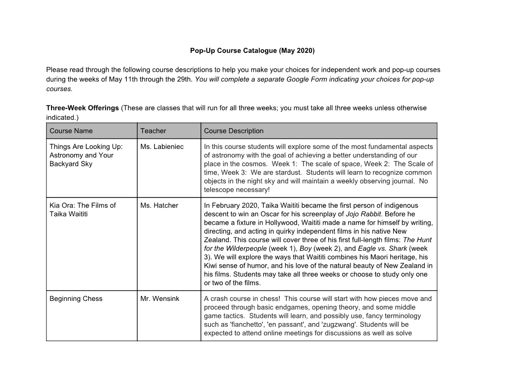 Pop-Up Course Catalogue (May 2020) Please Read Through the Following Course Descriptions to Help You Make Your Choices for Indep