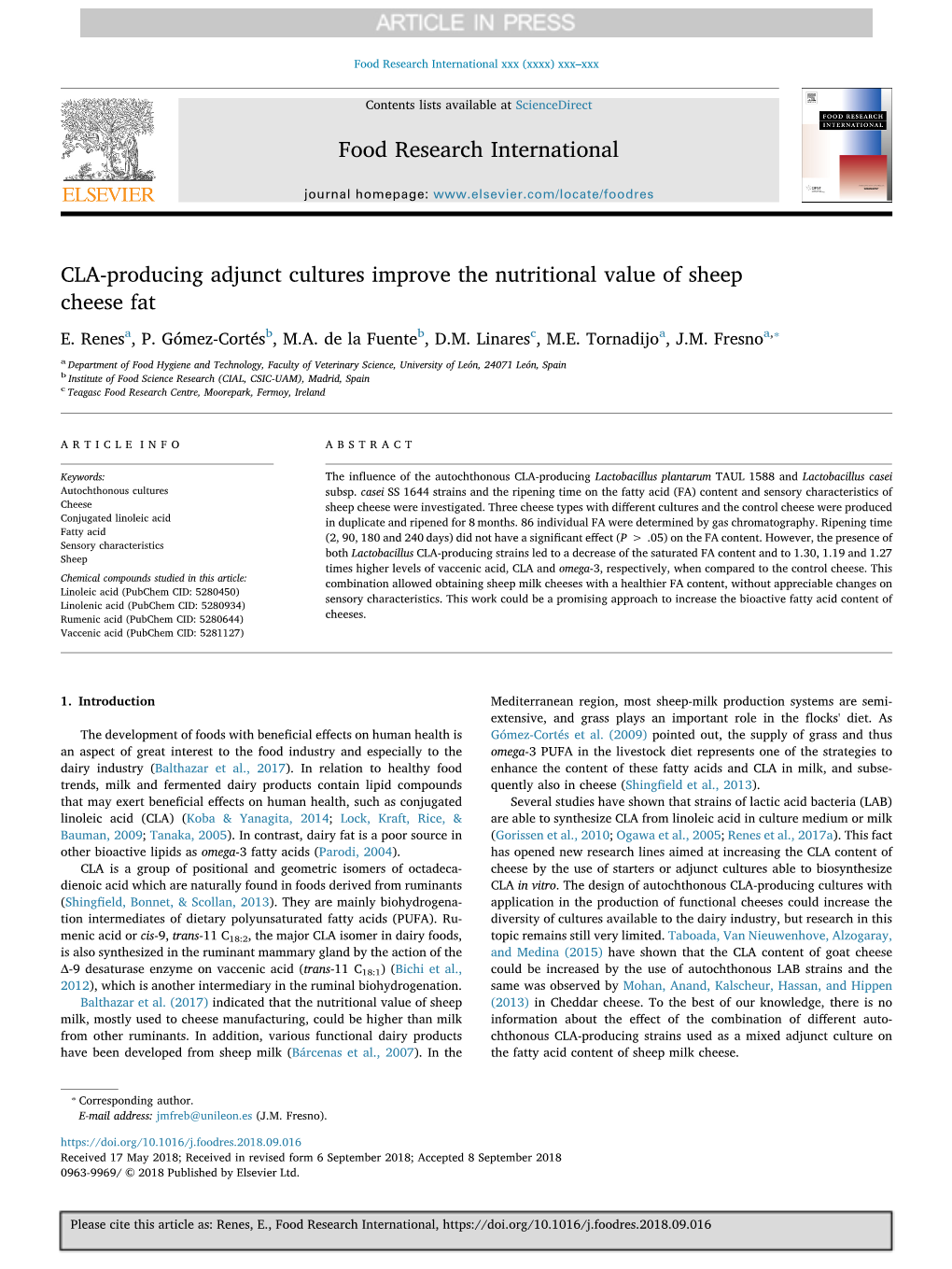 CLA-Producing Adjunct Cultures Improve the Nutritional Value of Sheep Cheese Fat ⁎ E