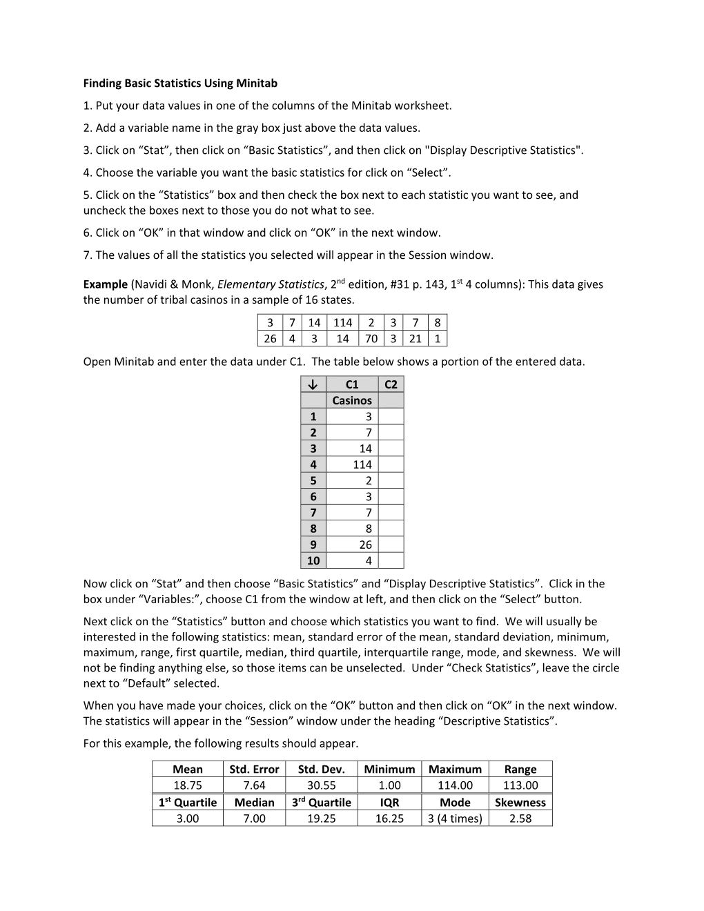 Finding Basic Statistics Using Minitab 1. Put Your Data Values in One of the Columns of the Minitab Worksheet