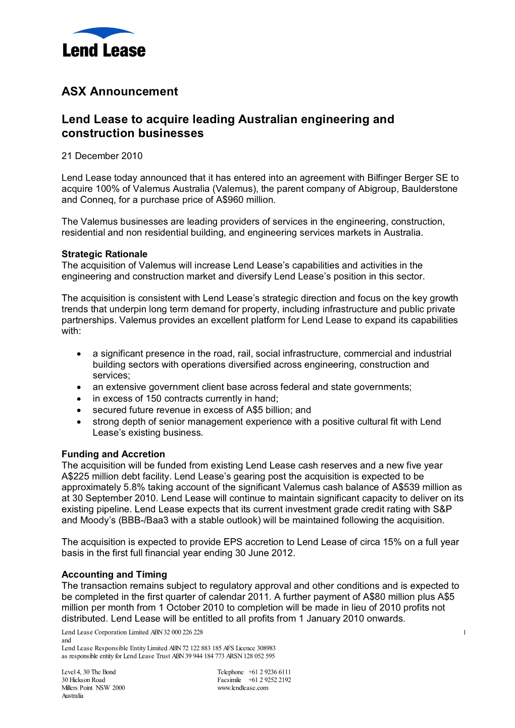 ASX Announcement Lend Lease to Acquire Leading Australian