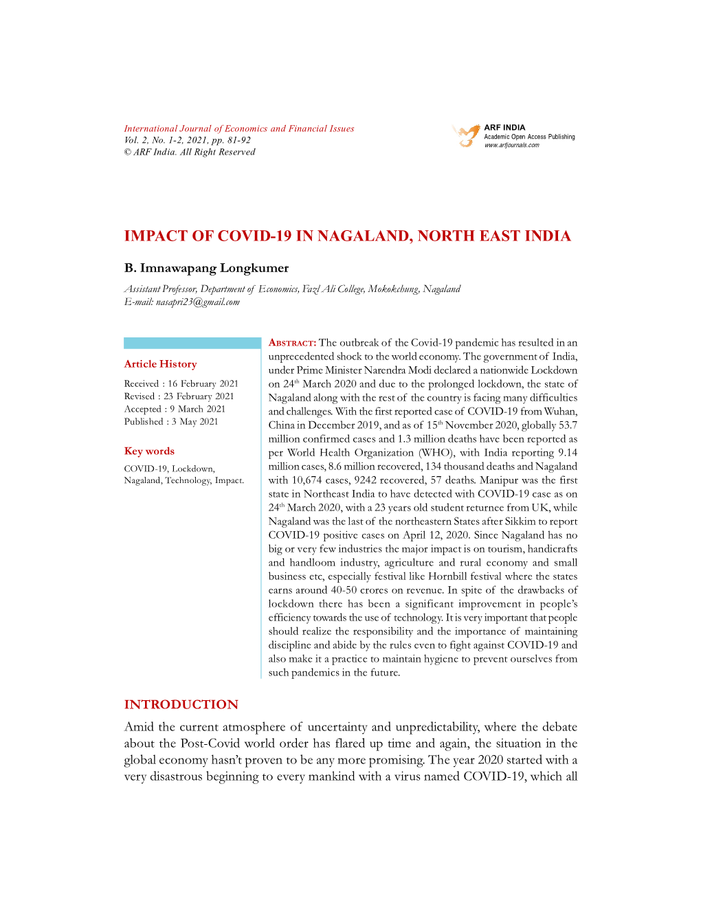 Impact of Covid-19 in Nagaland, North East India