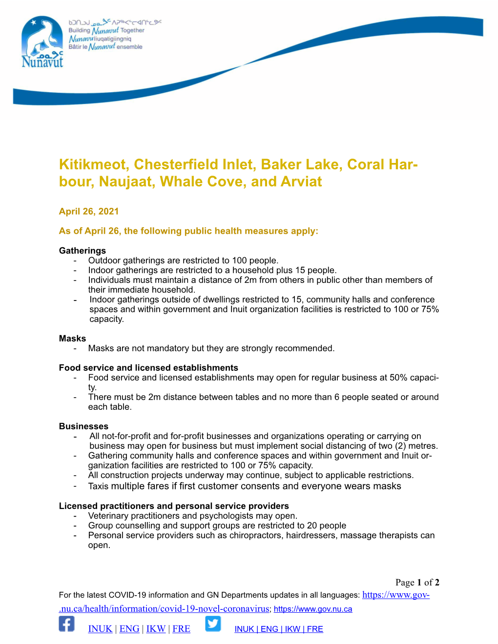 Public Health Measures for Kitikmeot, Chesterfield Inlet, Baker Lake, Coral Harbour, Naujaat, Whale Cove Arviat April 26 Eng