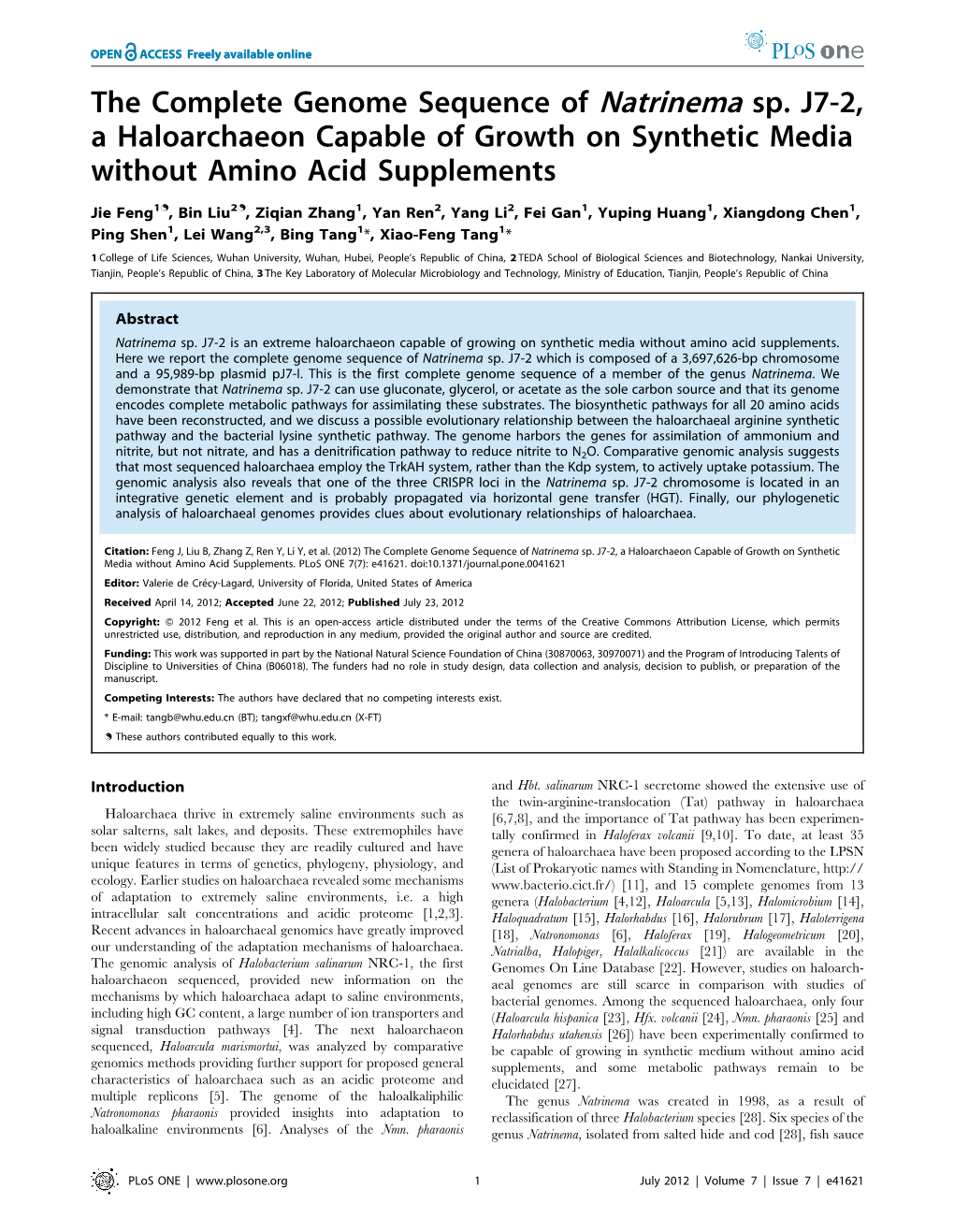 The Complete Genome Sequence of Natrinema Sp. J7-2, a Haloarchaeon Capable of Growth on Synthetic Media Without Amino Acid Supplements