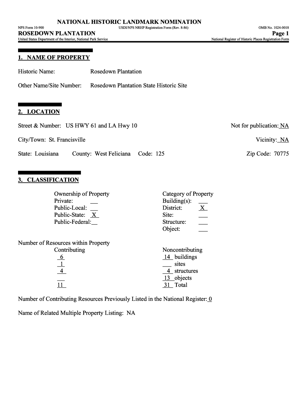 ROSEDOWN PLANTATION Page 1 United States Department of the Interior, National Park Service______National Register of Historic Places Registration Form