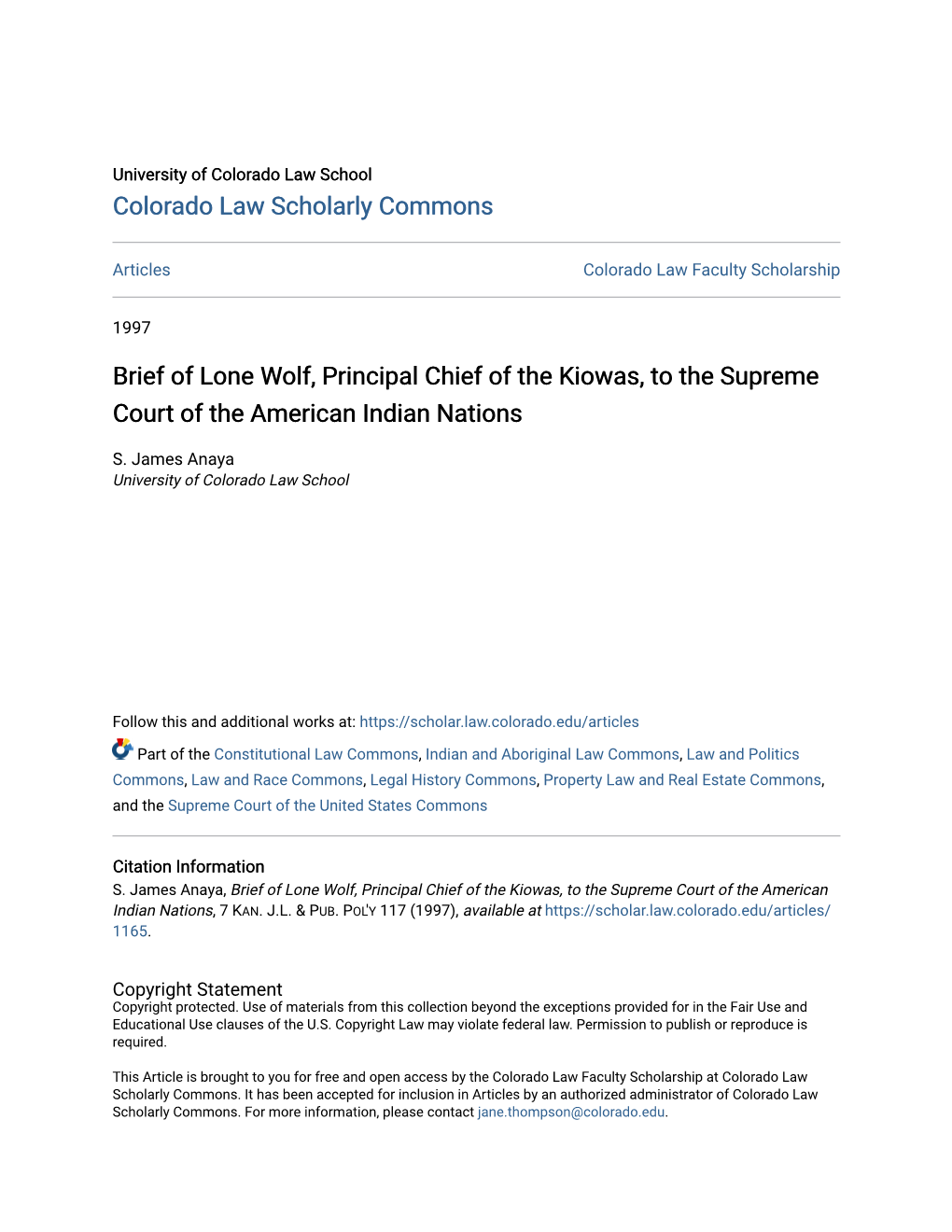 Brief of Lone Wolf, Principal Chief of the Kiowas, to the Supreme Court of the American Indian Nations