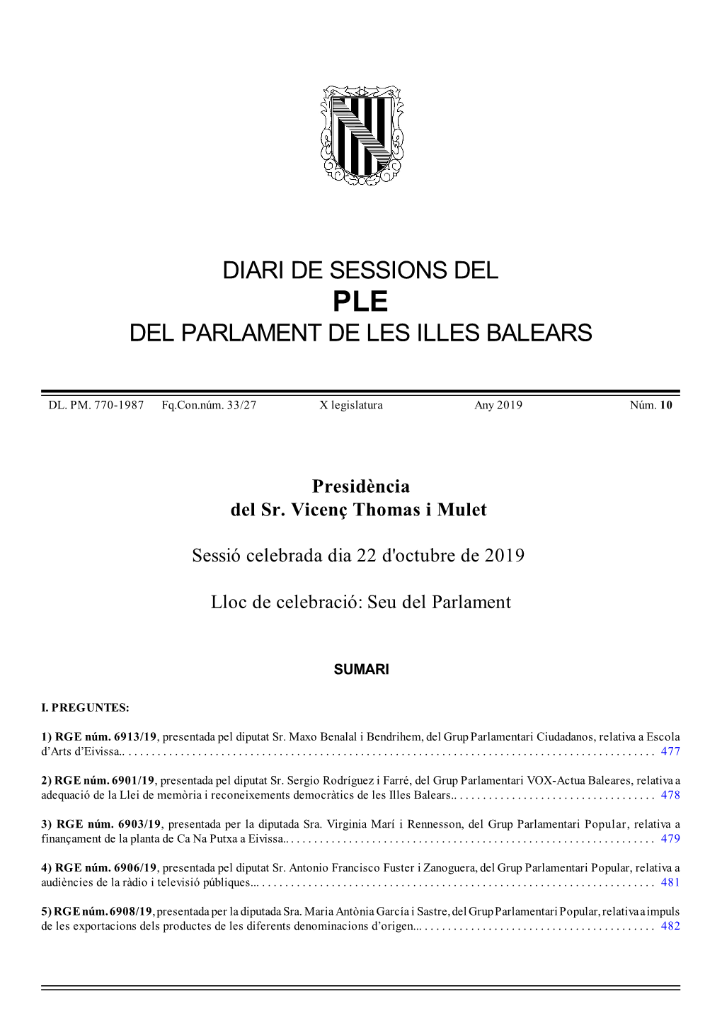 Diari De Sessions Del Ple Del Parlament De Les Illes Balears