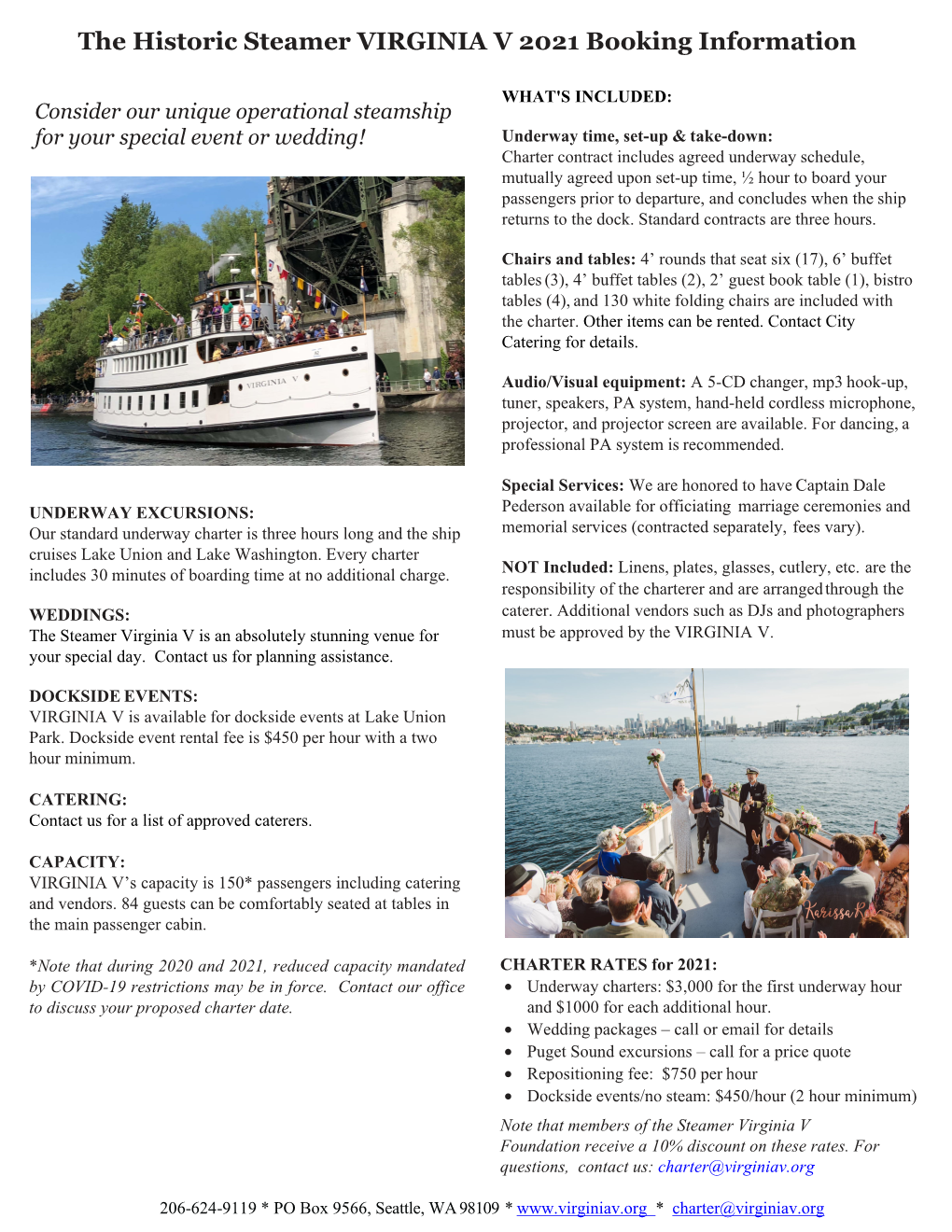 The Historic Steamer VIRGINIA V 2021 Booking Information