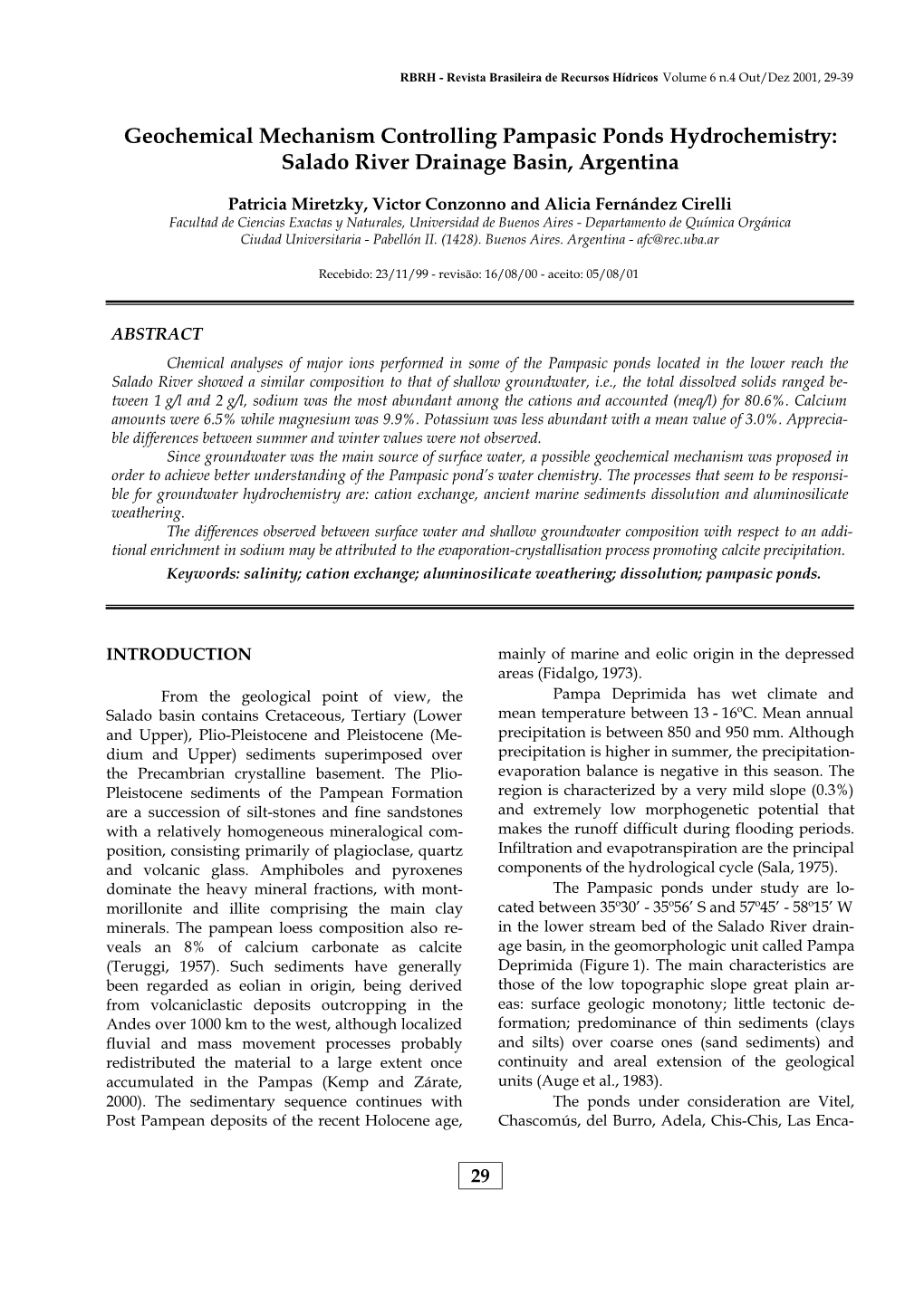 Geochemical Mechanism Controlling Pampasic Ponds Hydrochemistry: Salado River Drainage Basin, Argentina