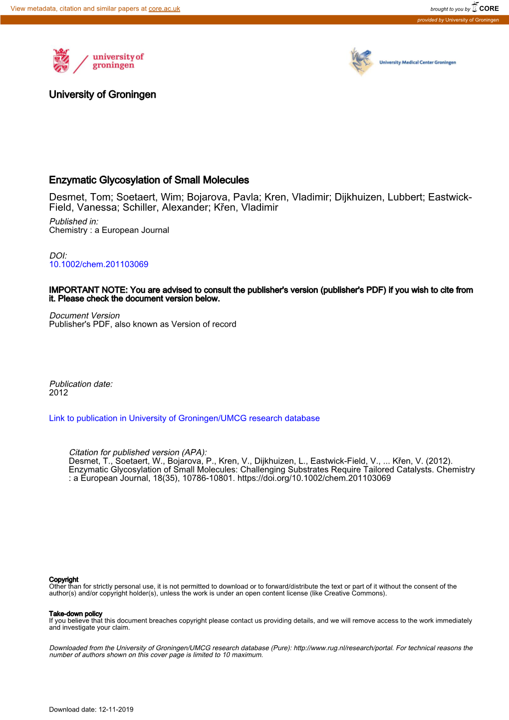 Enzymatic Glycosylation of Small Molecules