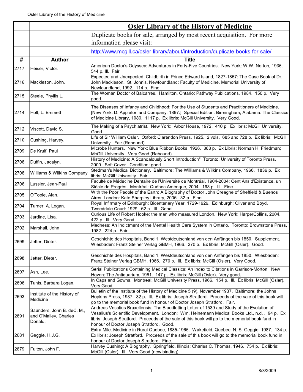 Osler Library of the History of Medicine Osler Library of the History of Medicine Duplicate Books for Sale, Arranged by Most Recent Acquisition