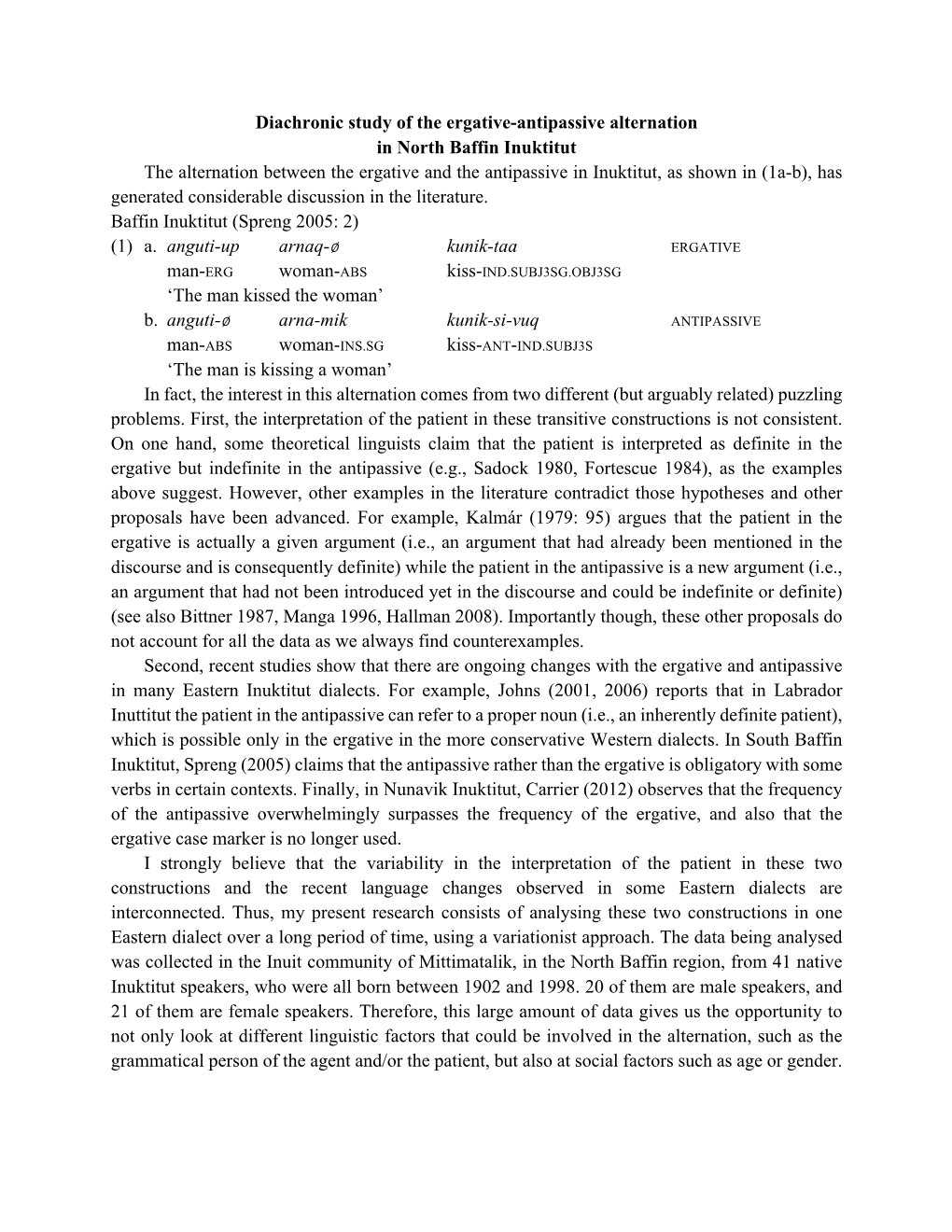 Diachronic Study of the Ergative Construction in North Baffin Inuktitut