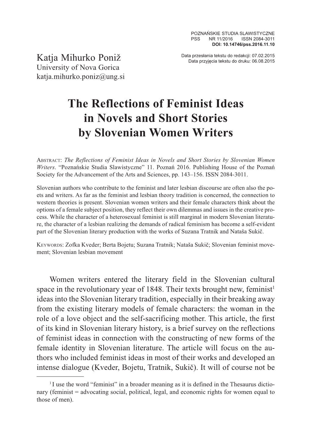 The Reflections of Feminist Ideas in Novels and Short Stories by Slovenian Women Writers