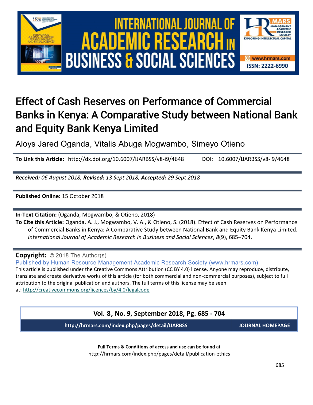 Effect of Cash Reserves on Performance of Commercial Banks in Kenya: a Comparative Study Between National Bank and Equity Bank Kenya Limited