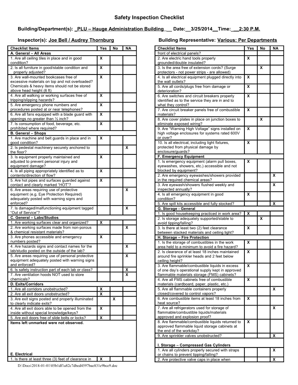 Safety Inspection Checklist