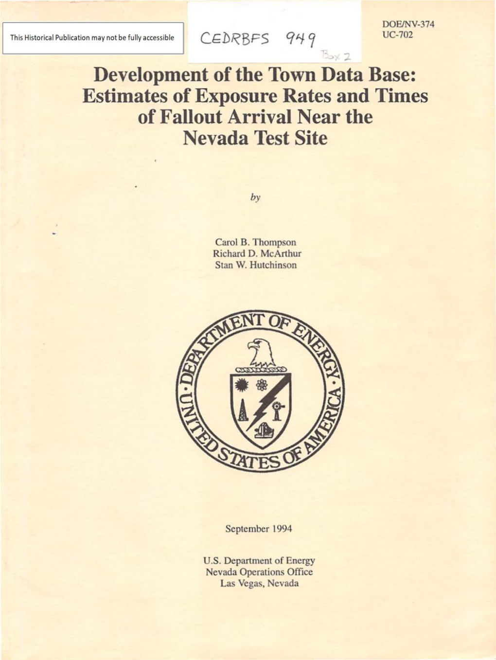 Development of the Town Data Base: Estimates of Exposure Rates and Times of Fallout Arrival Near the Nevada Test Site