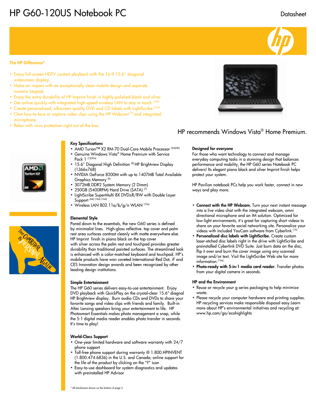 HP G60-120US Notebook PC Datasheet