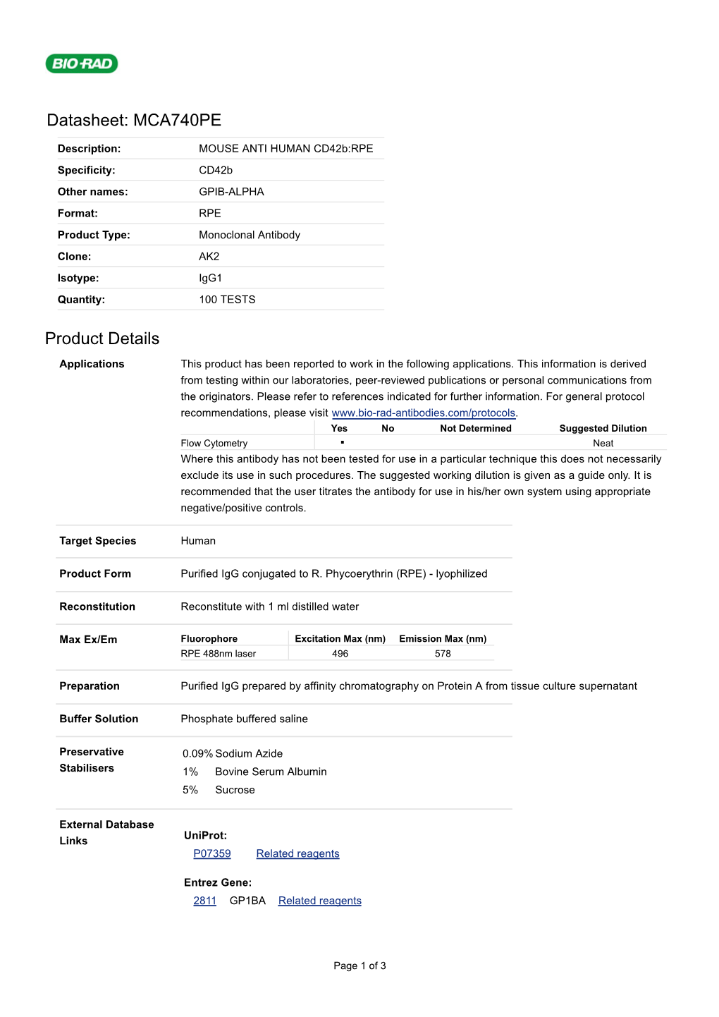 Datasheet: MCA740PE Product Details