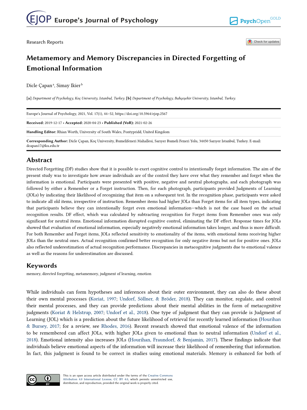 Metamemory and Memory Discrepancies in Directed Forgetting of Emotional Information