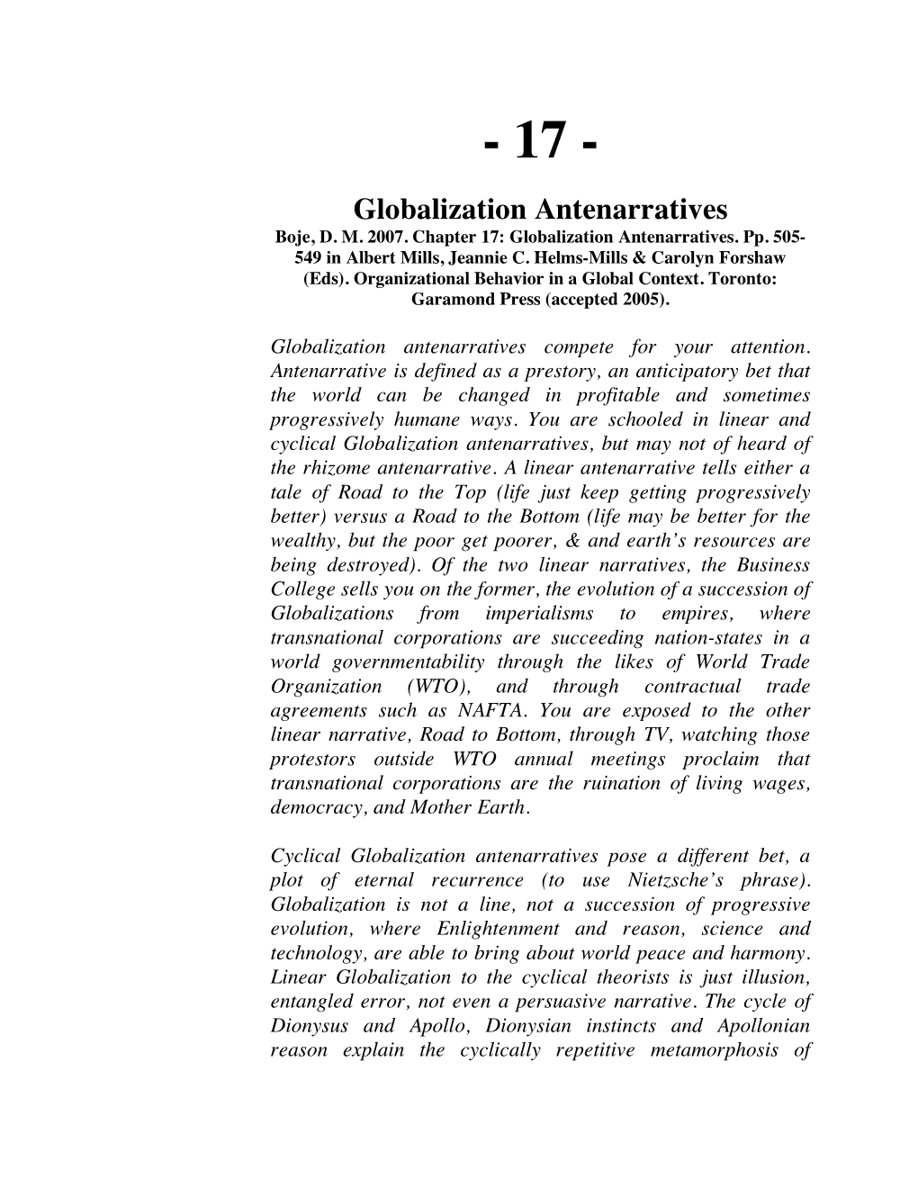 Globalization Antenarratives Boje, D