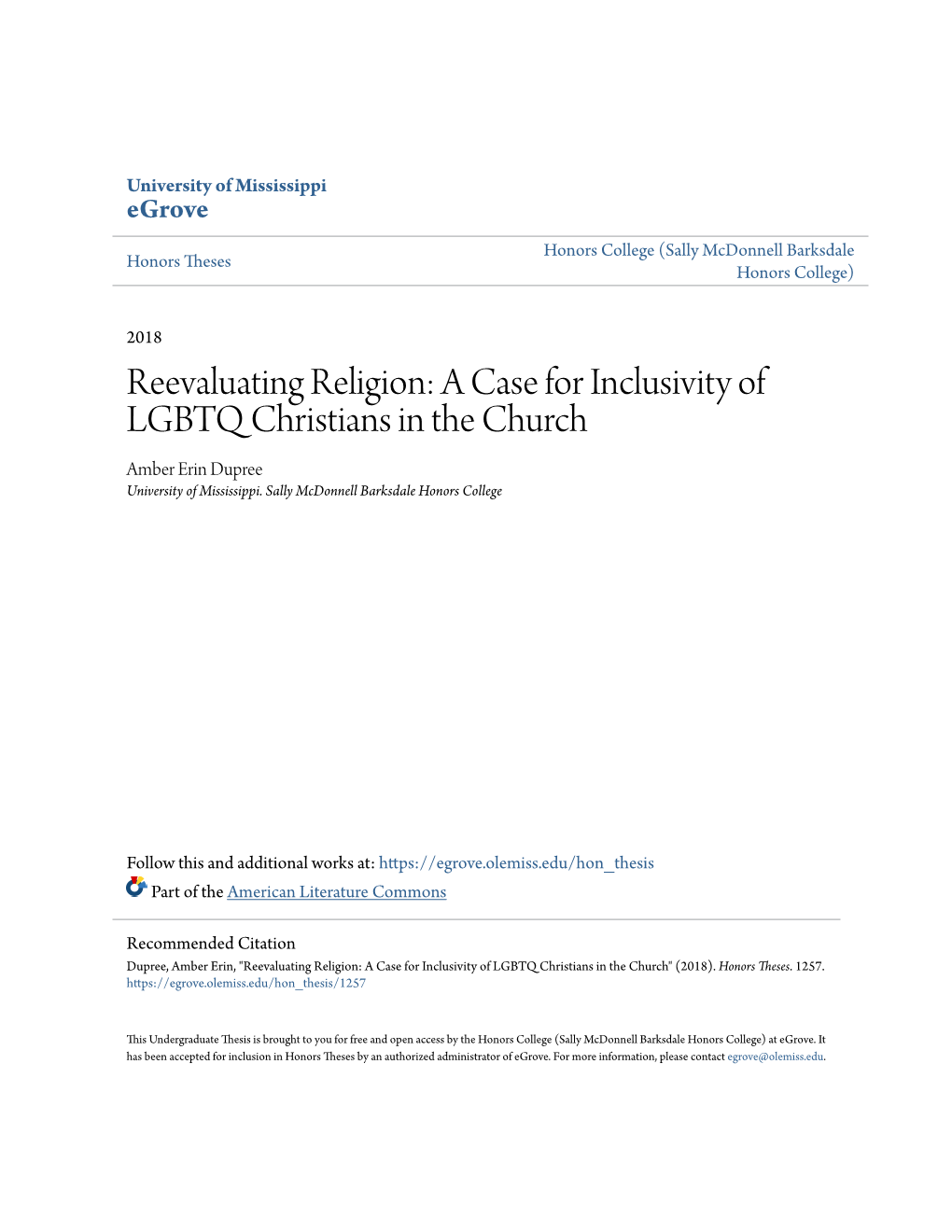 A Case for Inclusivity of LGBTQ Christians in the Church Amber Erin Dupree University of Mississippi