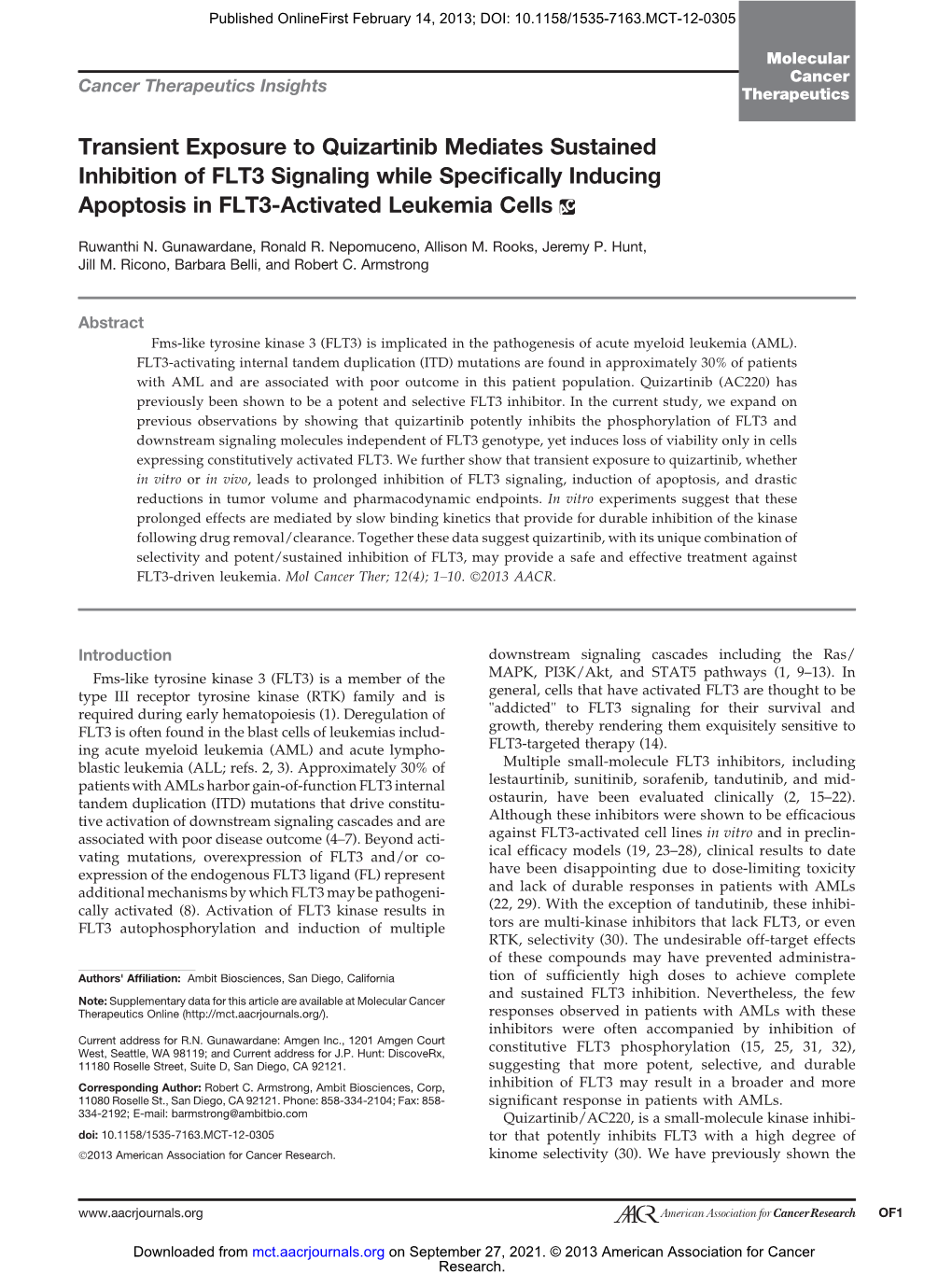 Transient Exposure to Quizartinib Mediates Sustained Inhibition of FLT3 Signaling While Specifically Inducing Apoptosis in FLT3-Activated Leukemia Cells