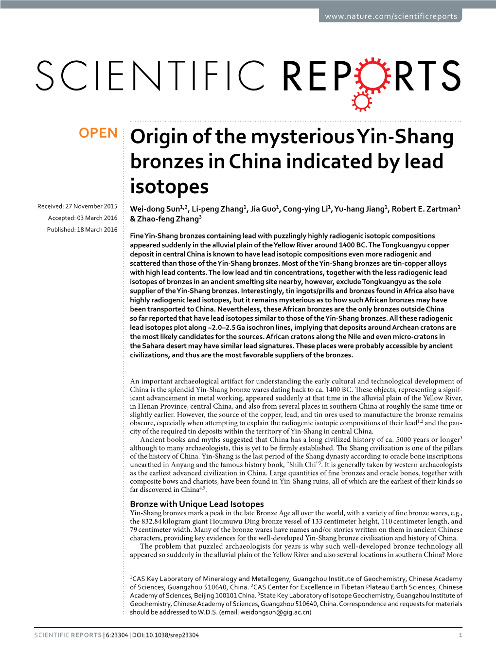 Origin of the Mysterious Yin-Shang Bronzes in China Indicated by Lead