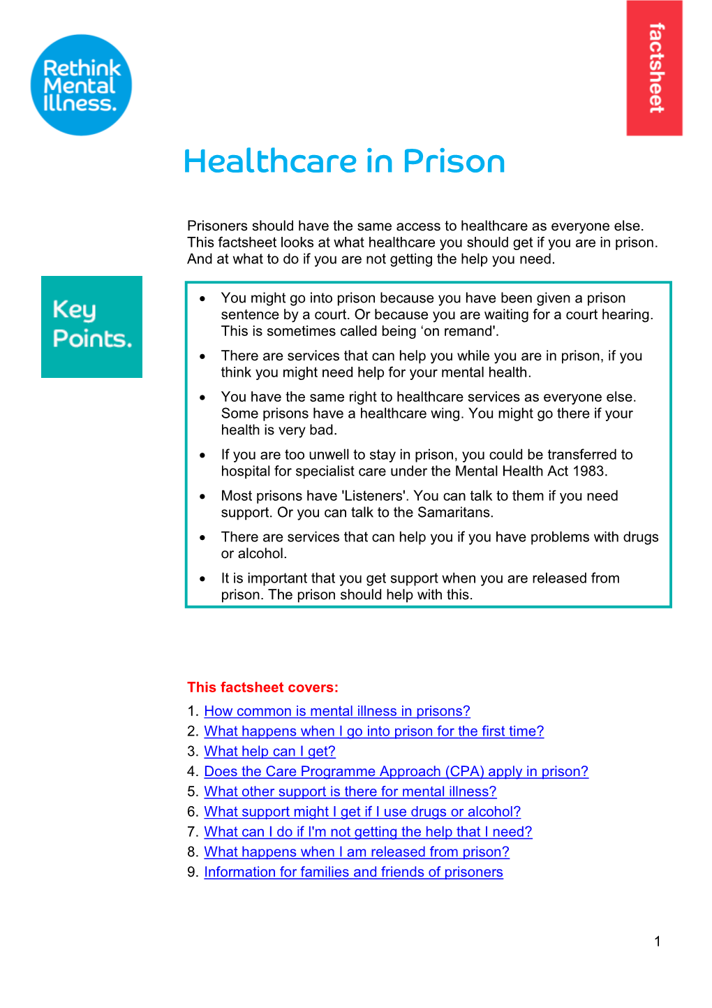 Healthcare in Prison Fact Sheet