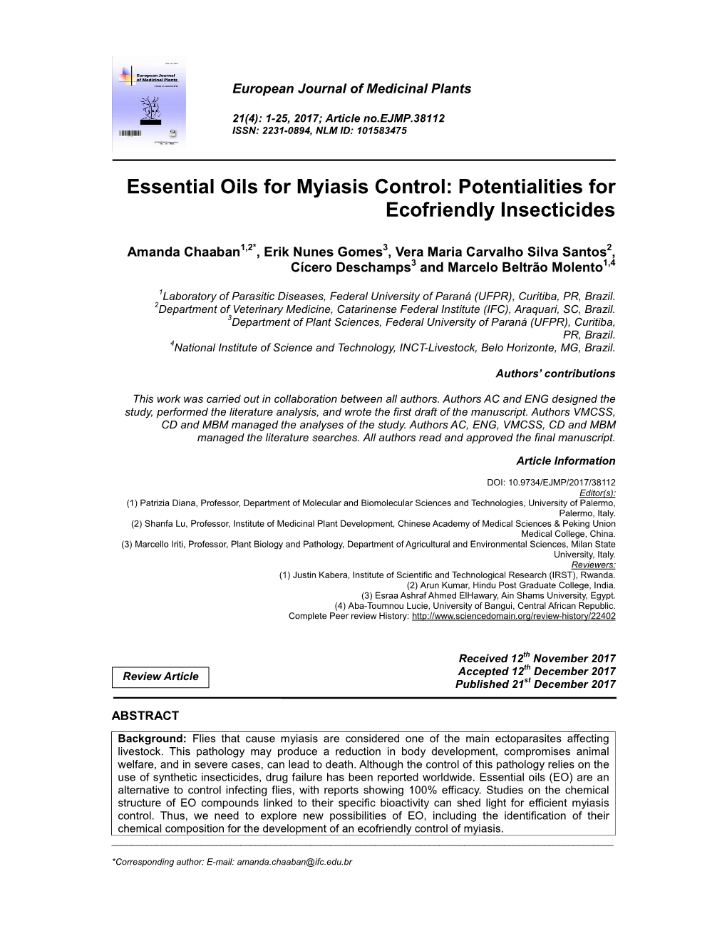 Essential Oils for Myiasis Control: Potentialities for Ecofriendly Insecticides