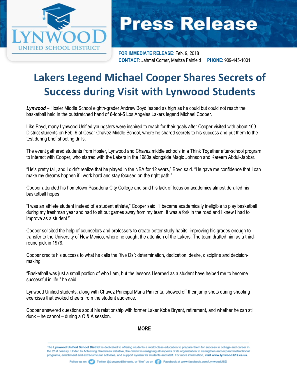 Lakers Legend Michael Cooper Shares Secrets of Success During Visit with Lynwood Students