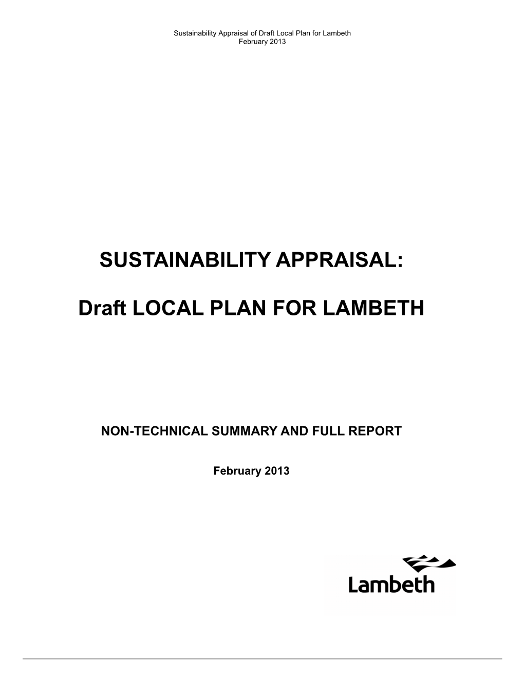 Sustainability Appraisal of Draft Local Plan for Lambeth February 2013