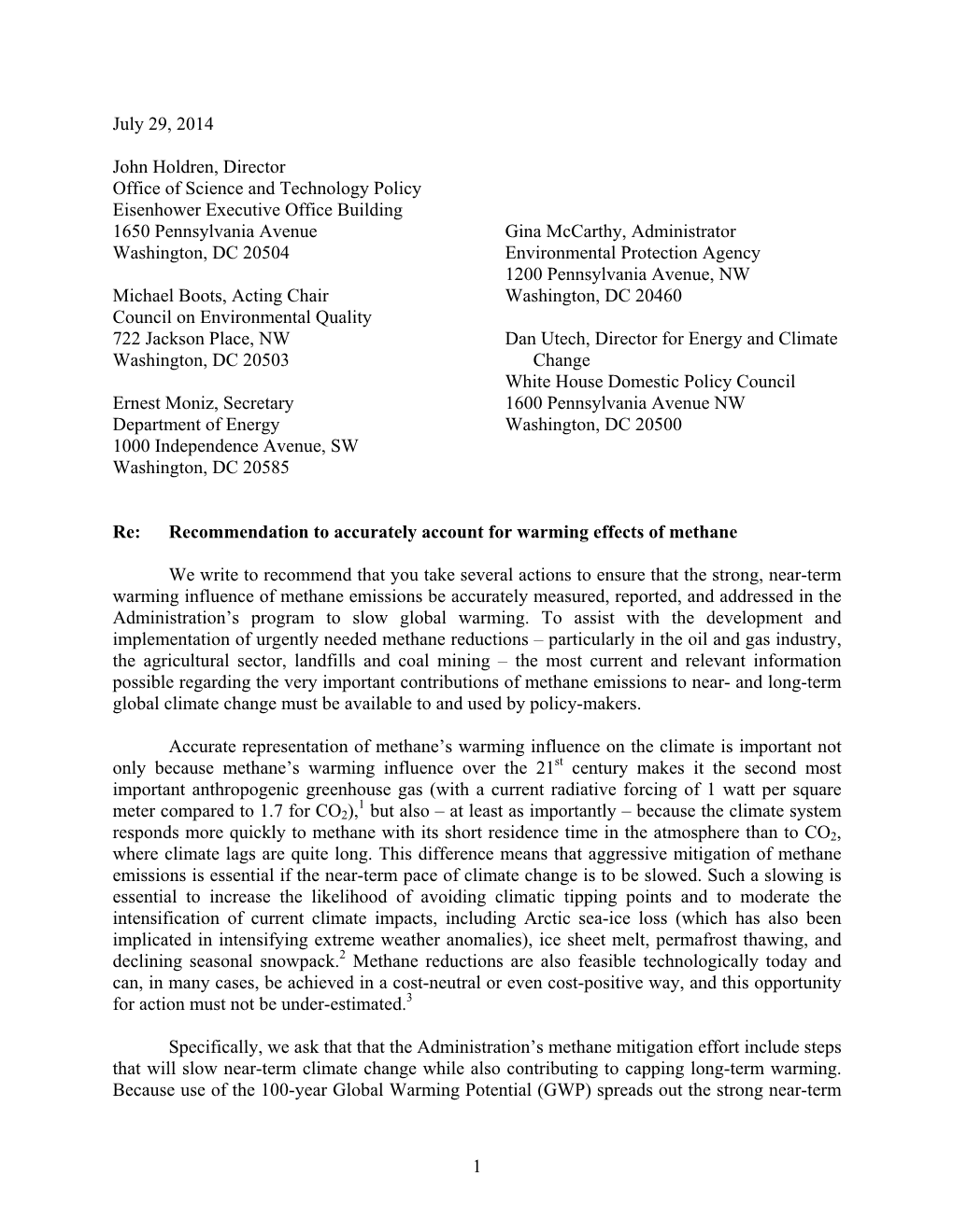 Scientists' Letter Re: Methane