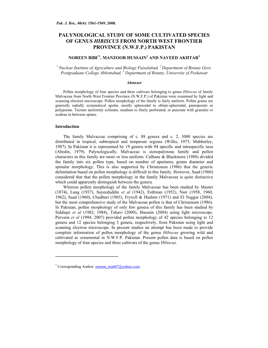 Palynological Study of Some Cultivated Species of Genus Hibiscus from North West Frontier Province (N.W.F.P.) Pakistan