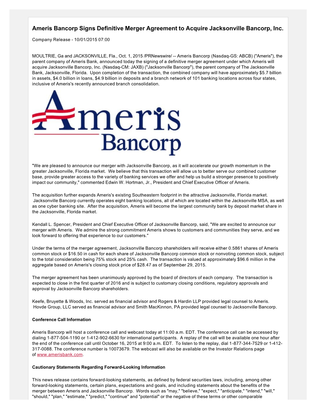 Ameris Bancorp Signs Definitive Merger Agreement to Acquire Jacksonville Bancorp, Inc