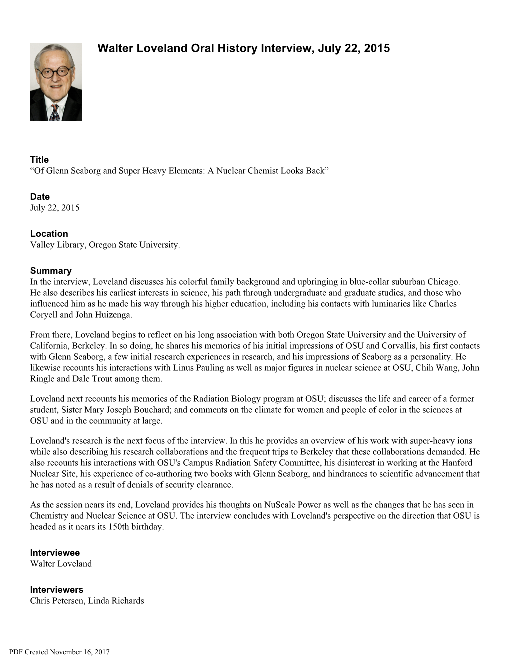 Walter Loveland Oral History Interview, “Of Glenn Seaborg and Super Heavy Elements: a Nuclear Chemist Looks Back”, July Page 3 of 24 22, 2015