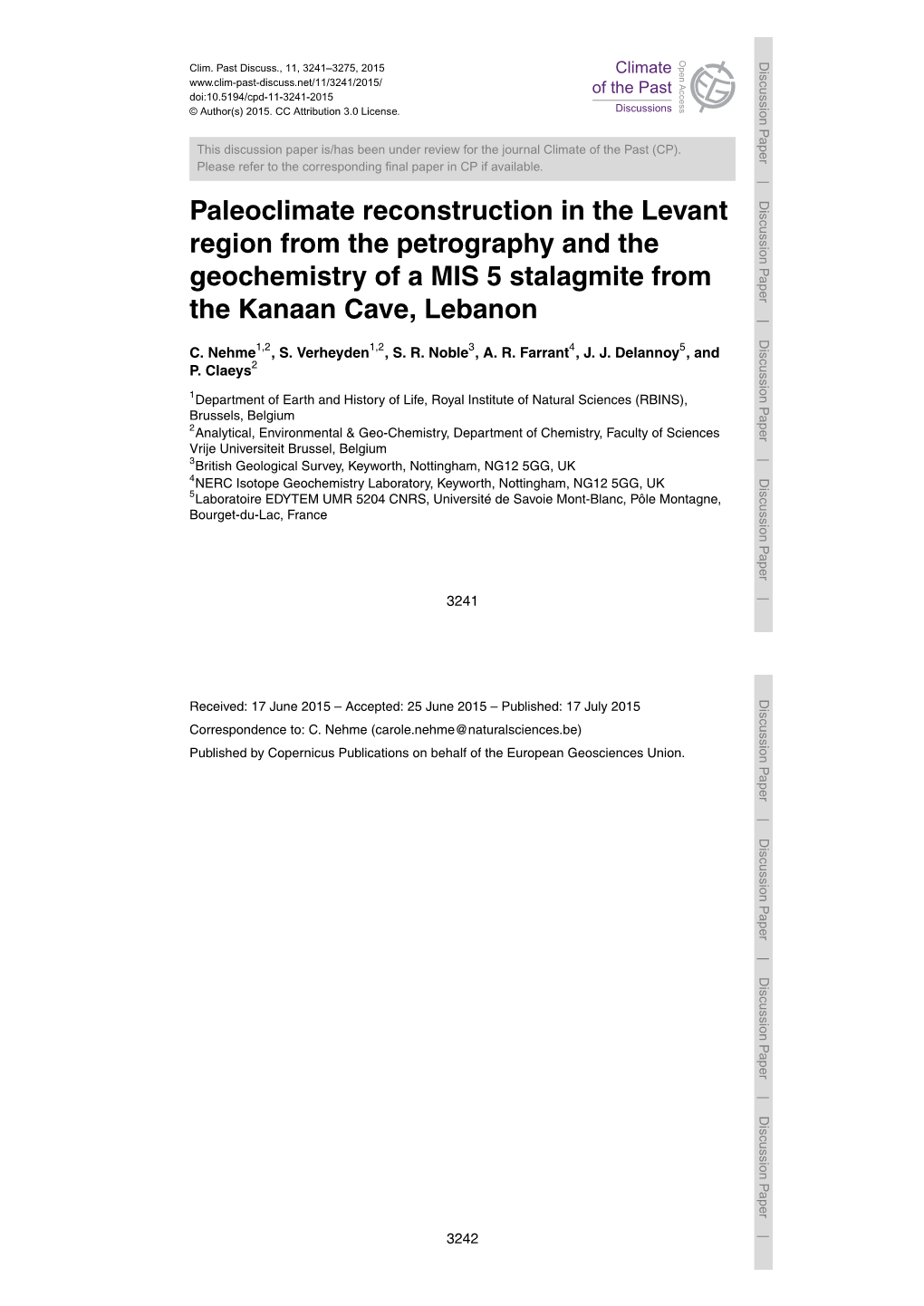 Paleoclimate Reconstruction in the Levant Region from the Petrography and the Geochemistry of a MIS 5 Stalagmite from the Kanaan