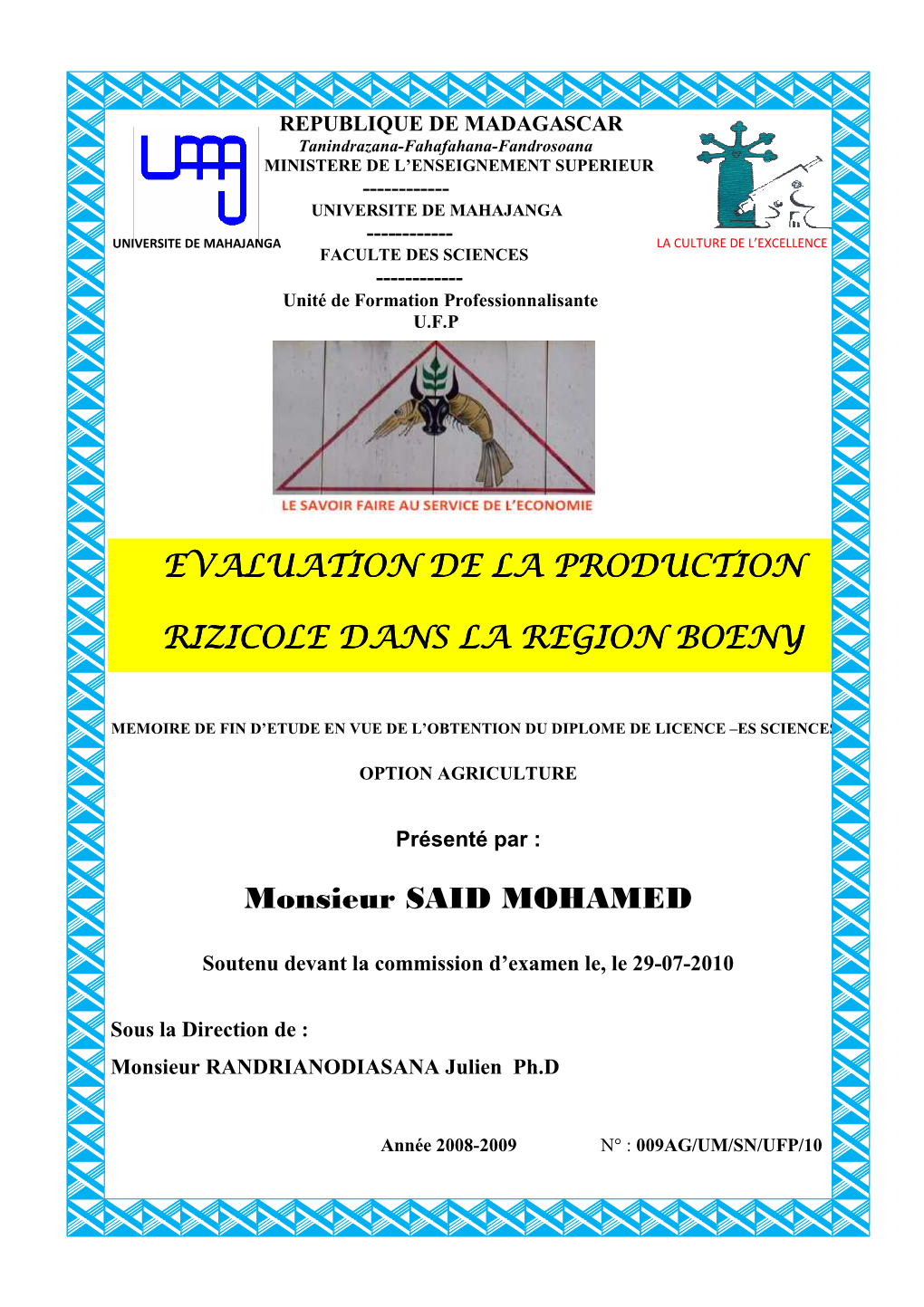 Monsieur SAID MOHAMED EVALUATION DE LA