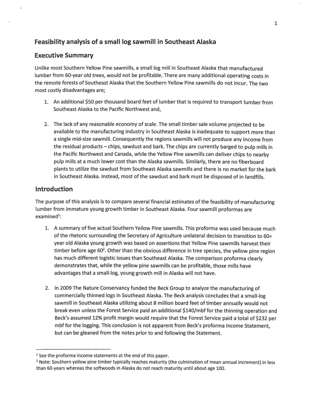 Feasibility Analysis of a Small Log Sawmill in Southeast Alaska