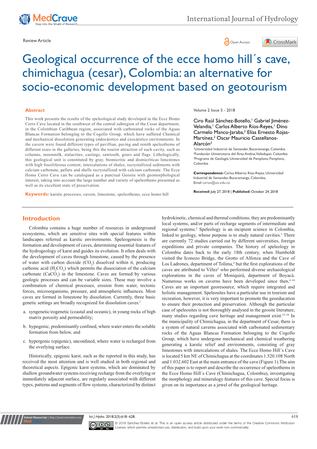 Geological Occurrence of the Ecce Homo Hill´S Cave, Chimichagua (Cesar), Colombia: an Alternative for Socio-Economic Development Based on Geotourism