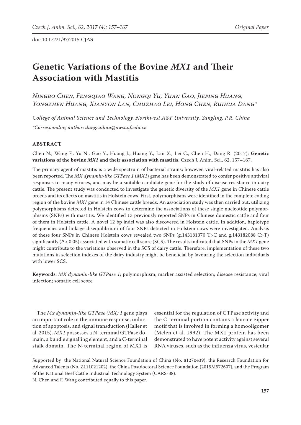 Genetic Variations of the Bovine MX1 and Their Association with Mastitis