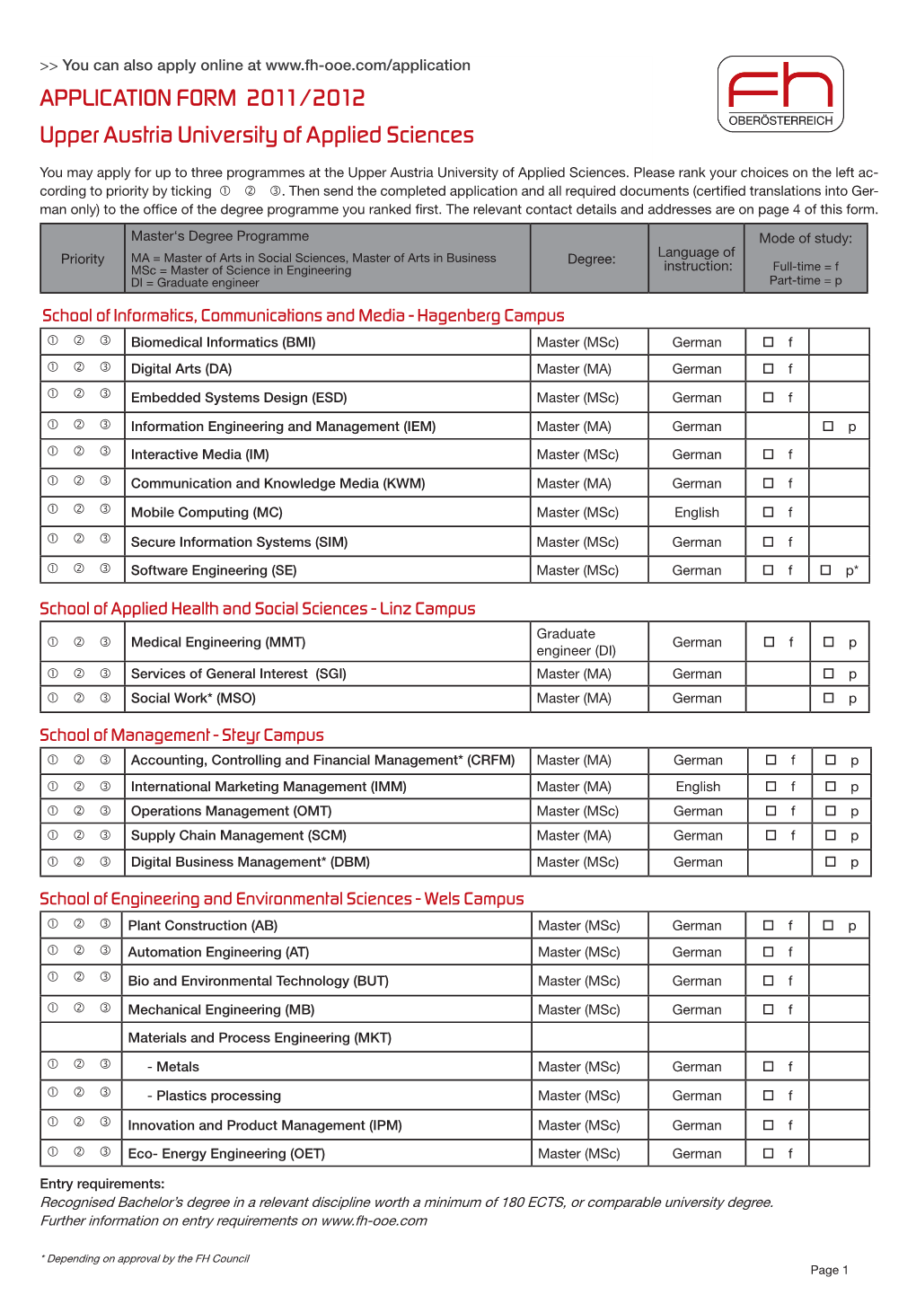 APPLICATION FORM 2011/2012 Upper Austria University of Applied Sciences