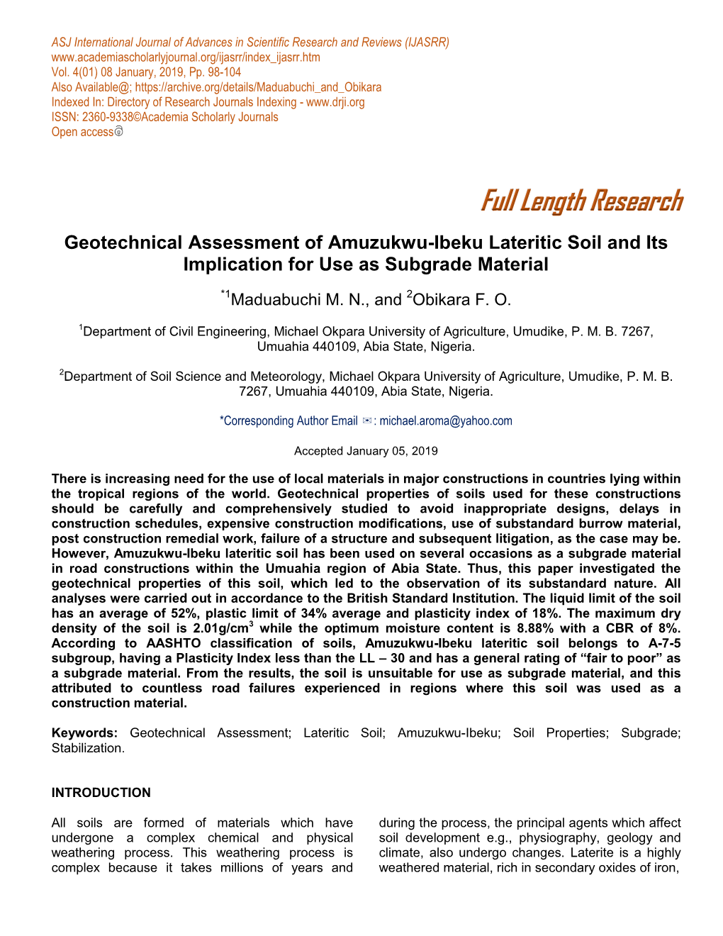 Geotechnical Assessment of Amuzukwu-Ibeku Lateritic Soil and Its Implication for Use As Subgrade Material