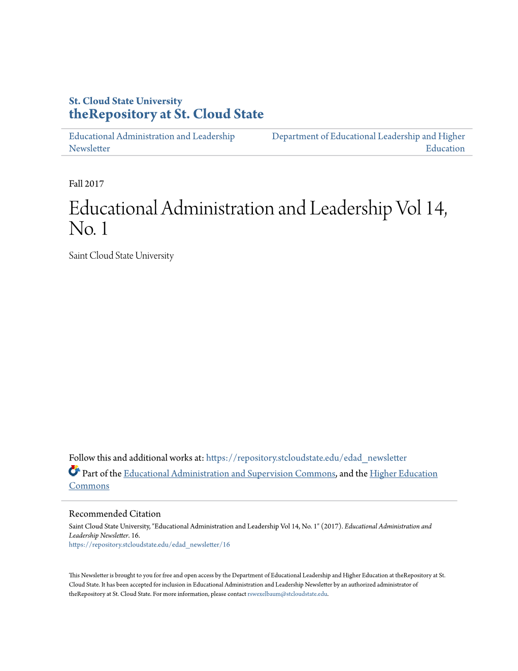 Educational Administration and Leadership Vol 14, No. 1 Saint Cloud State University