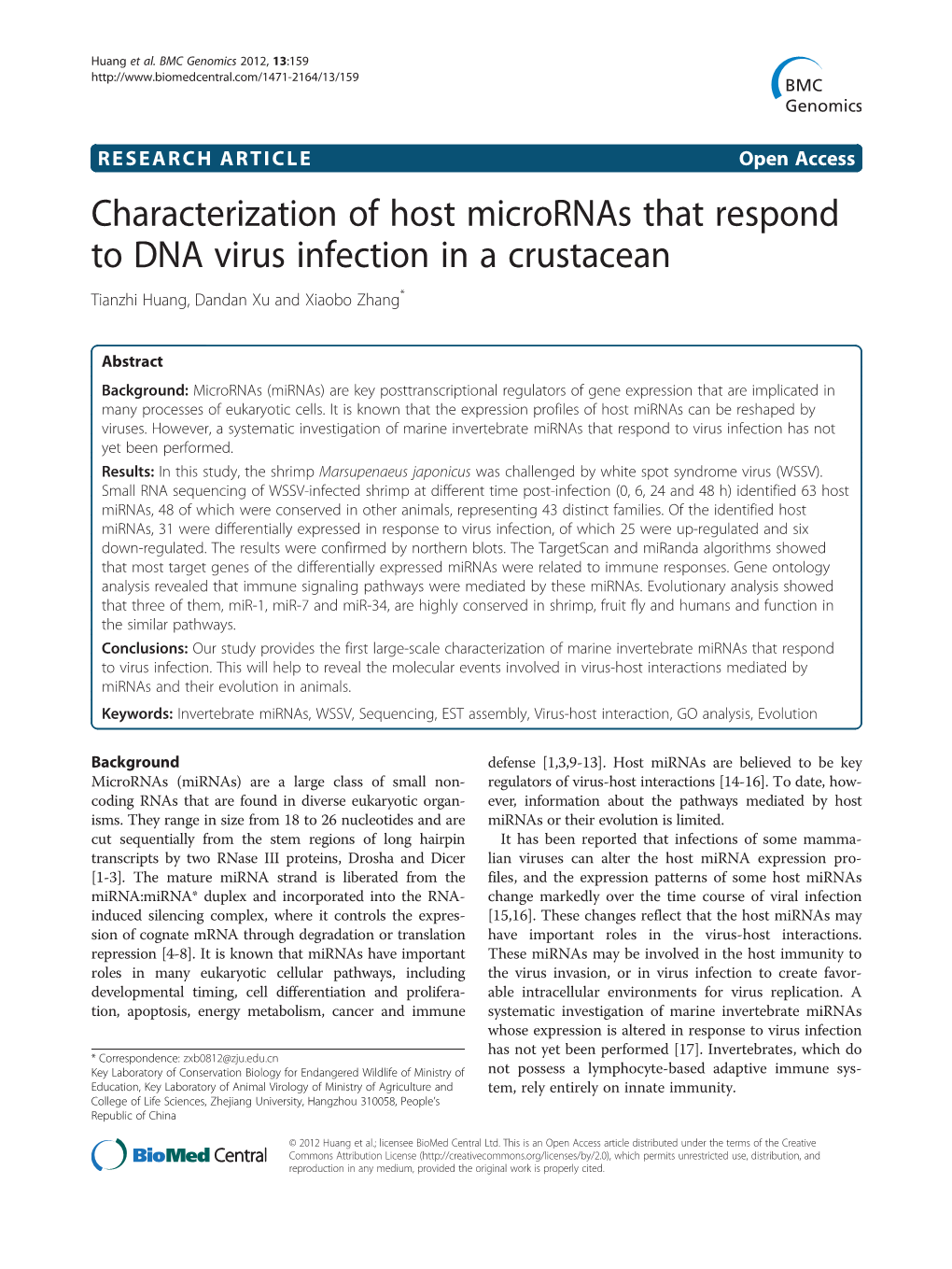 Characterization of Host Micrornas That Respond to DNA Virus Infection in a Crustacean Tianzhi Huang, Dandan Xu and Xiaobo Zhang*