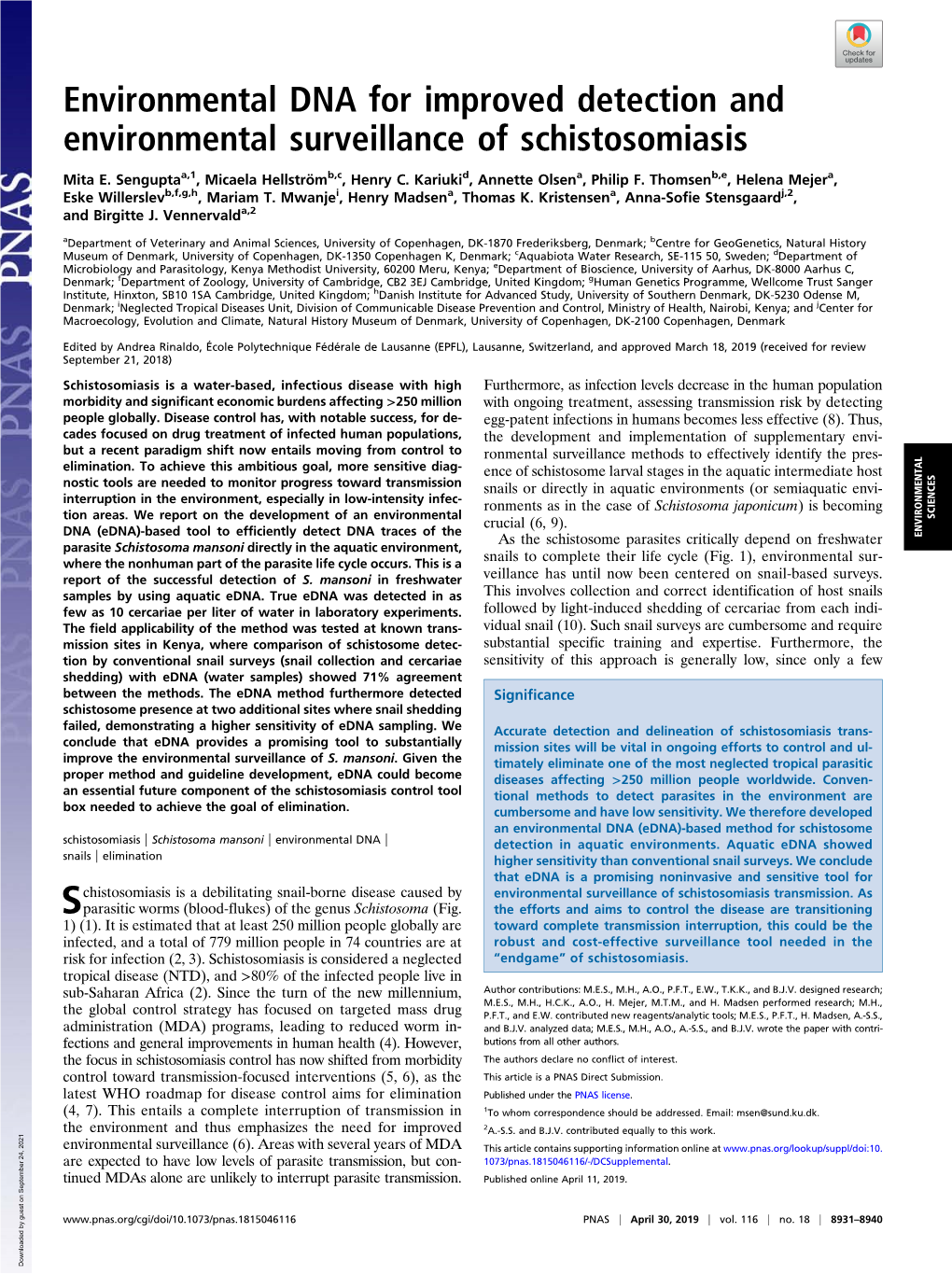 Environmental DNA for Improved Detection and Environmental Surveillance of Schistosomiasis