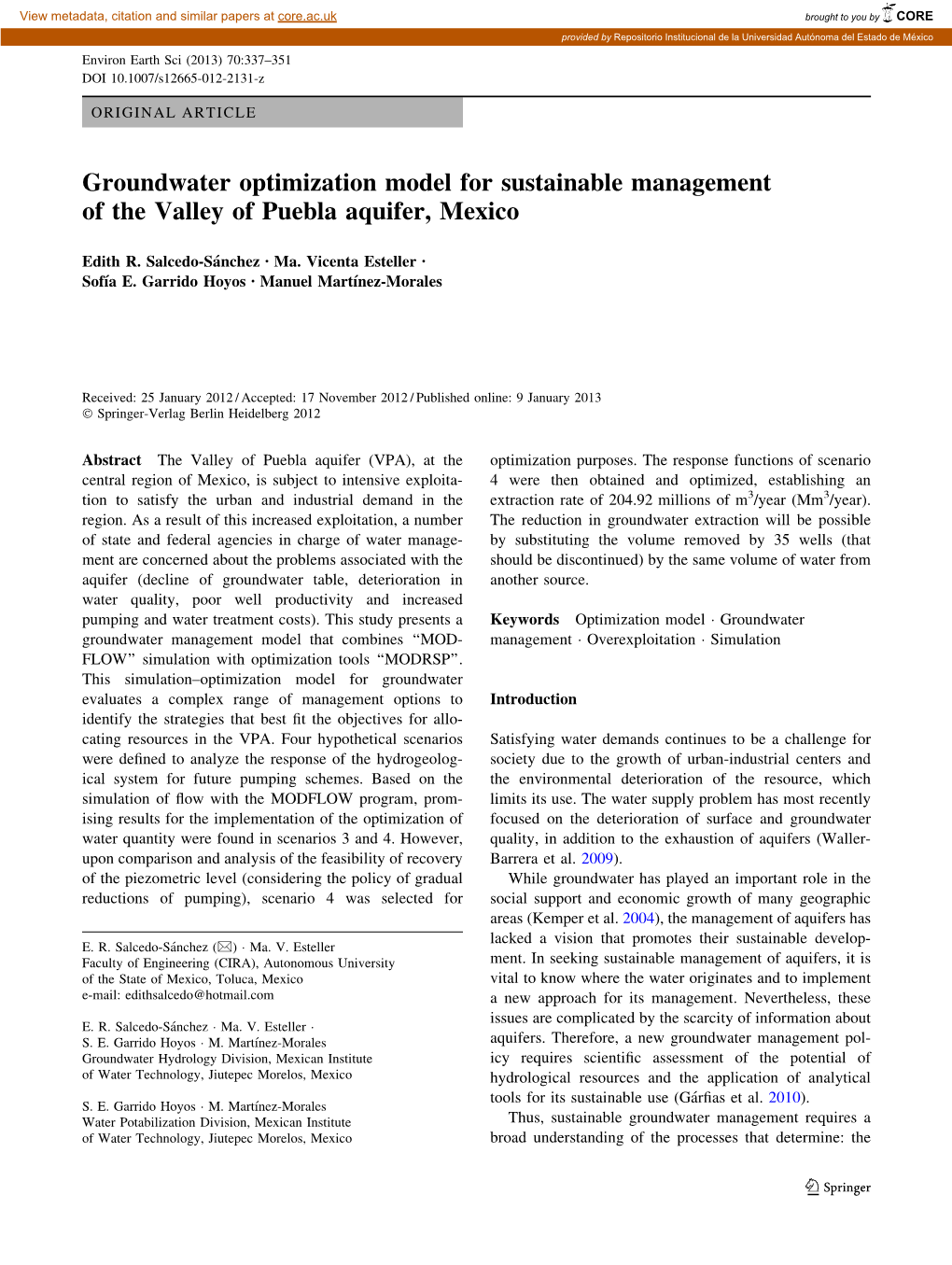 Groundwater Optimization Model for Sustainable Management of the Valley of Puebla Aquifer, Mexico