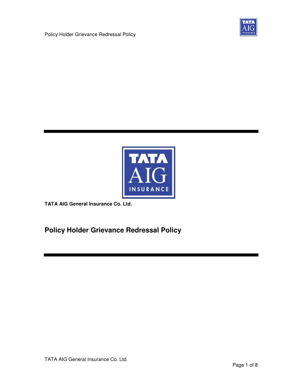 Policy Holder Grievance Redressal Policy