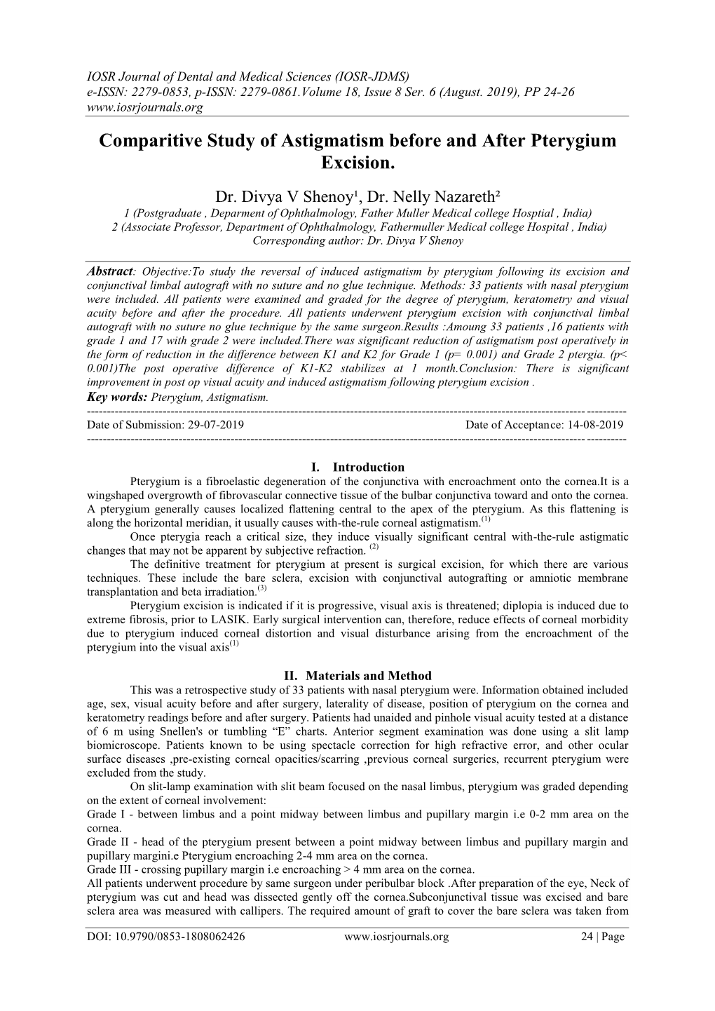 Comparitive Study of Astigmatism Before and After Pterygium Excision